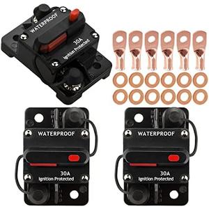 Hamolar 3 Pack 12-48VDC Manual Reset Button Switch Fuses, with Wire Lugs Copper Washer