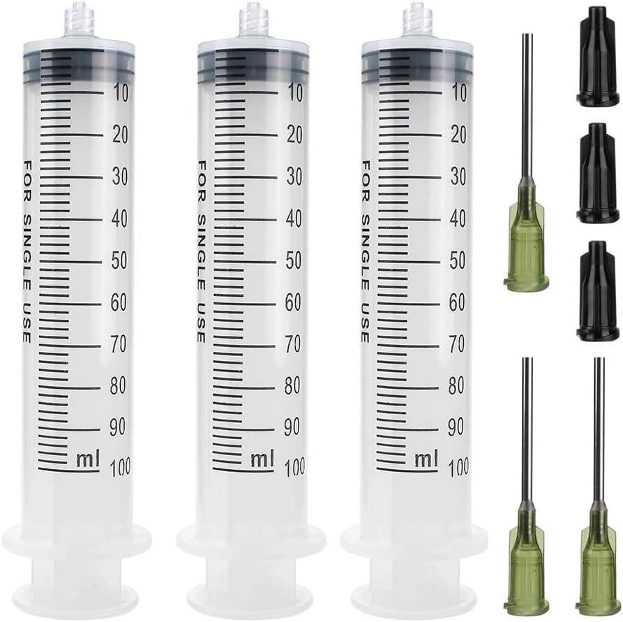 3 Pack 100ml Syringes with 14G 1.0'' Blunt Tip Needles and Storage Caps(Luer Lock), Plastic Reusable Syringe for Glue Applicator, Oil Dispensing Multiple Uses