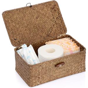 Sumnacon Small Wicker Basket with Lid Rectangle Woven Baskets for Toiletries Tampon Storage, Wicker Storage Basket with Lid, Decorative Seagrass Storage Baskets for Shelf Bathroom Toilet Table, Coffee