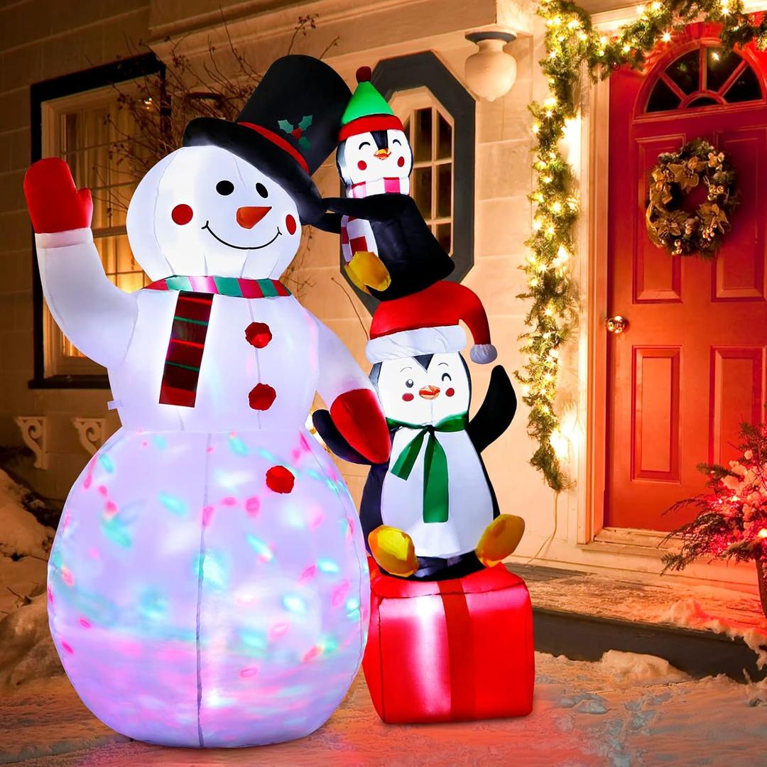 OurWarm 6ft Christmas Inflatables Outdoor Decorations Snowman with Penguins, Blow Up Snowman Penguins Inflatable with Color Rotating LED Lights for Christmas Indoor Outdoor Yard Garden Decorations