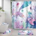 Riyidecor Mermaid 4Pcs Bathroom Shower Curtain Sets Cute Girls Kids Ocean Bathroom Decor Set with Rugs and Accessories Green Purple Fish Coral Toilet Lid Rug, Contour and Bath Mat with 12 Hooks