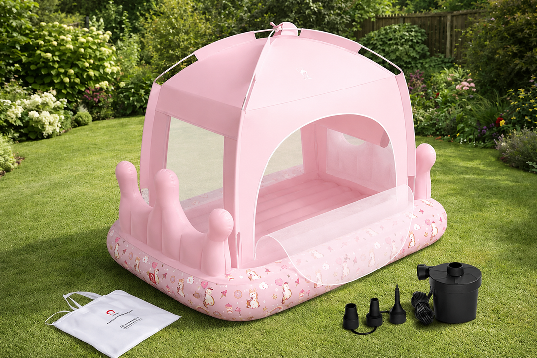 QPAU Princess Inflatable Toddler Bed with Tent, Blow Up Toddler Travel Bed with Sides, Portable Kids Air Mattress for Girls, Ideal for Home, Grandma’s, Camping & Sleepovers – Includes Electric Pump