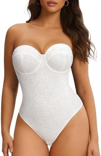 Nebility Strapless Shapewear Bodysuit for Women - Thong Body Suits Tummy Control Body Shaper Underwire Lace Corset Tube Top L