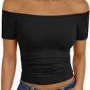 Trendy Queen Summer Off The Shoulder Tops for Women Going Out Short Sleeve Shirts Cute Y2K Sexy Basic Clothes 2026 Fashion (L)