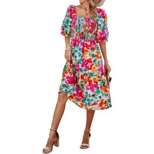 PRETTYGARDEN Women's Summer Casual Dresses 2025 Spring Puff Sleeve Square Neck A-line Flowy Boho Floral Smocked Midi Dress (M)
