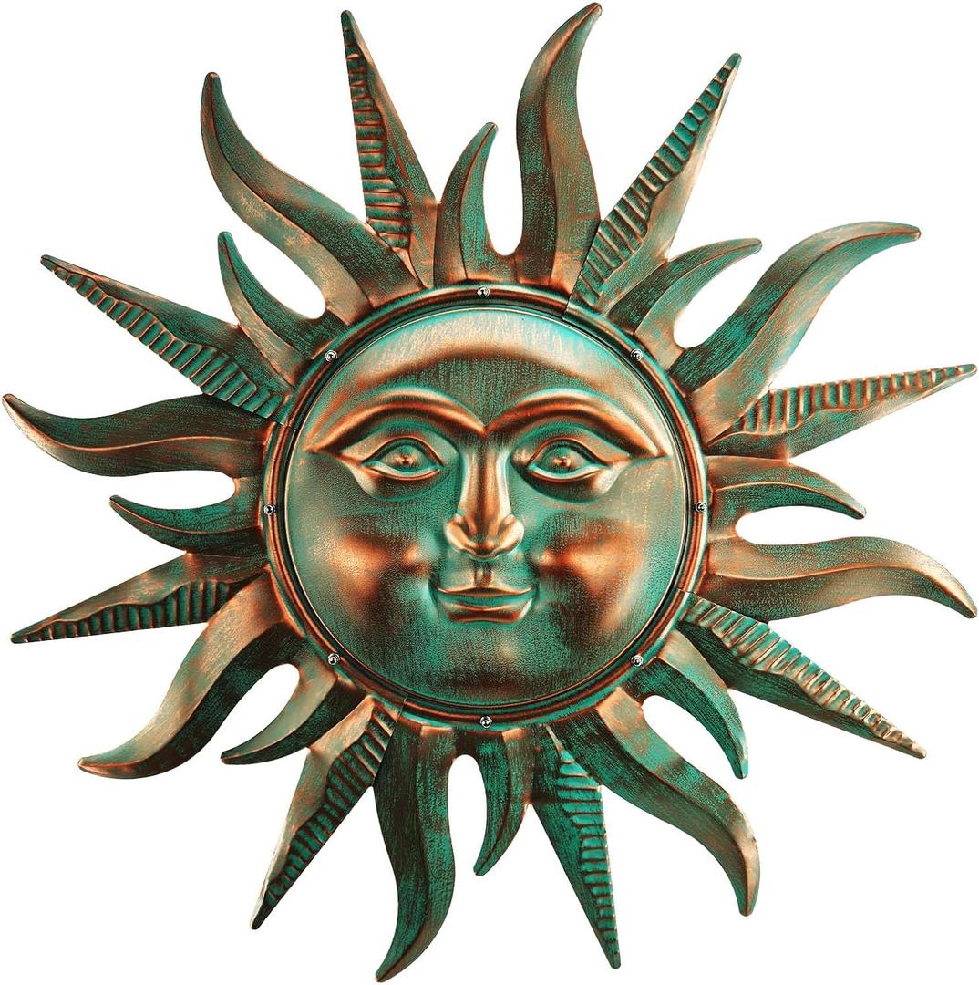 Verdigris Sun Wall Art Indoor/Outdoor Decor-24 Third Dimension Sun Wall Hanging Decoration for Home Bedroom Living Room Office Garden Yard Patio and Farmhouse