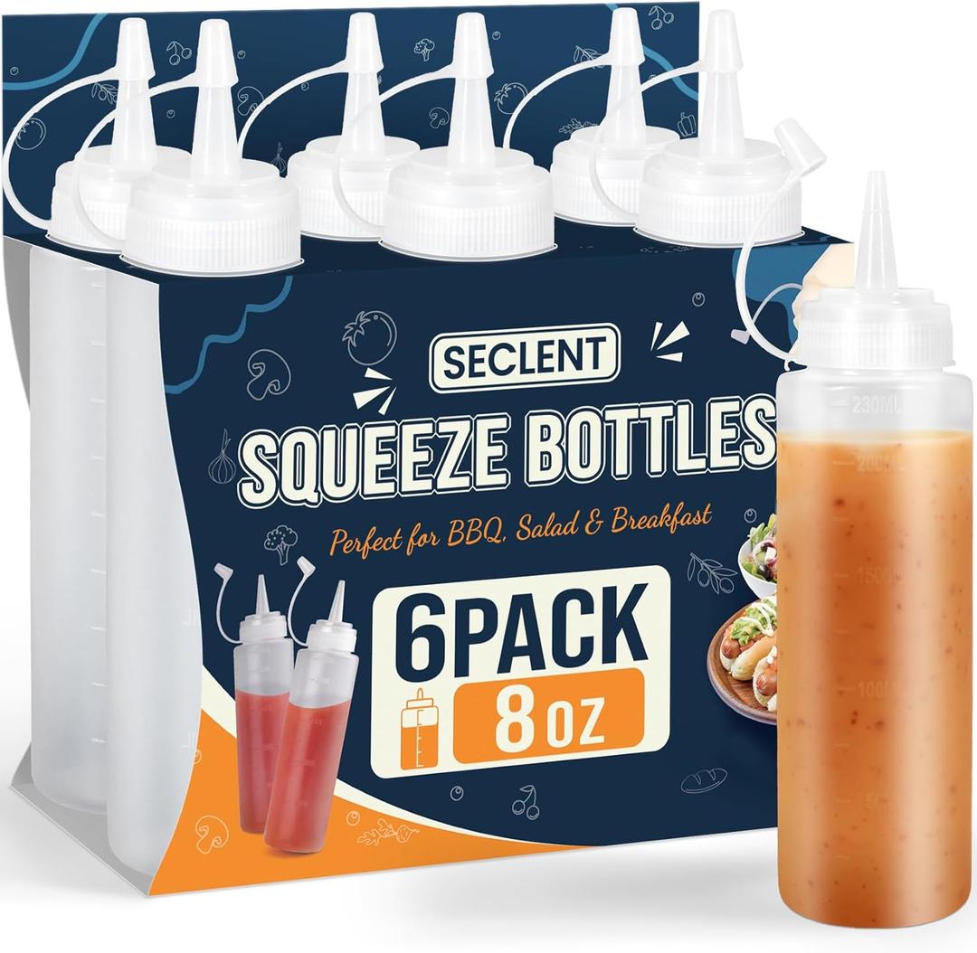 8 oz Squeeze Bottles, Plastic Condiment Squeeze Bottles for Sauces, Ketchup, Squirt Bottle for Dressing, Sauce Bottle for Syrup, Oil, Dressing, Mustard, Pancake Batter - 6 Pack