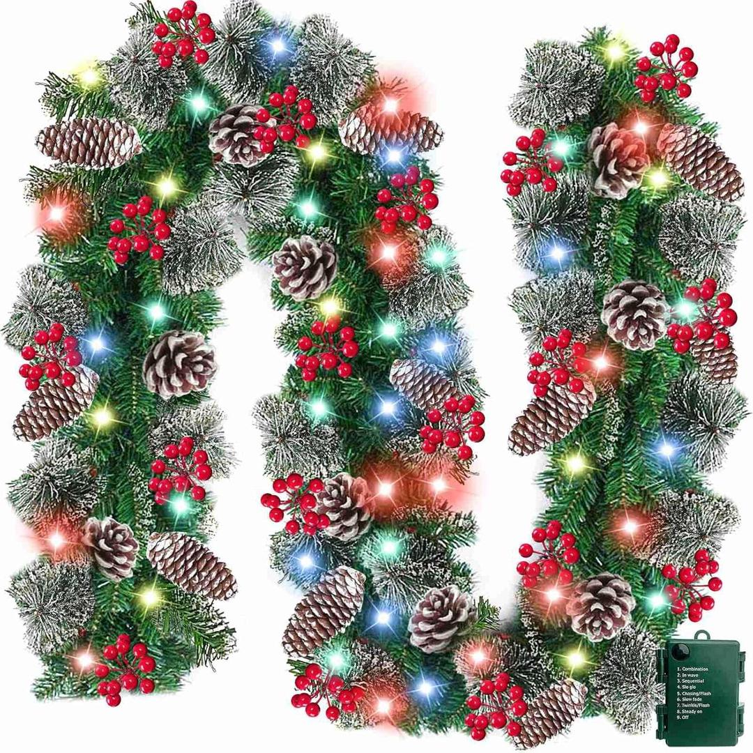Timer 8 Modes - 9 Ft by 10 Inch Prelit Christmas Garland with 50 Colorful Lights Thick 270 Snowy Branches 10 Pinecone 70 Berry Battery Operated Xmas Decor Mantle Stairs Porch Front Door Indoor Outdoor