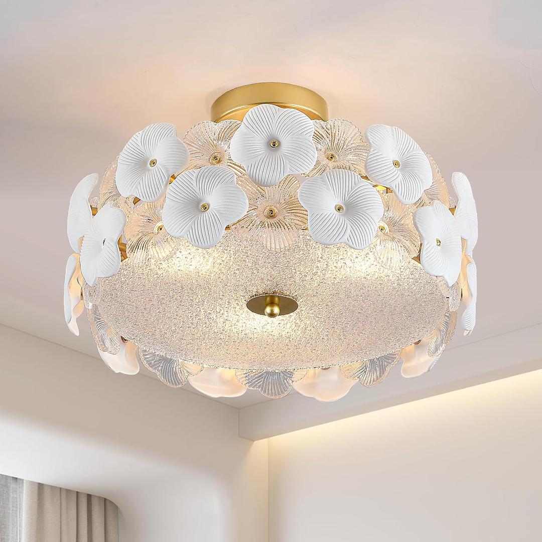 16" Gold Flower Ceiling Light, Glass Semi Flush Mount Ceiling Light, 3-Light Modern Drum Chandelier Ceramic Pendant Lighting for Kitchen, Dining Room, Living Room, Bedroom, Closet, Hallway, Entryway