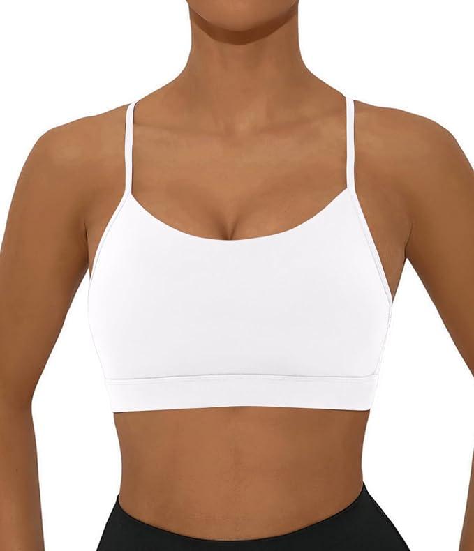 FITTIN YBack Sports Bras for Women: Seamless Removable Padded Racerback with Spaghetti Thin Straps Low Impact Workout Bra for Everyday Yoga - Light Support Push Up Comfortable White, L