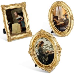 Briwooody 3 Pcs Gold Vintage Picture Frame Set Antique Oval Picture Frames 4x6, 5x7 Inch Baroque Photo Ornate Frames with Glass Gift for Tabletop Hanging Wall Art Wedding Home(Retro Style)