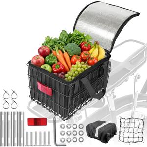 Rear Bike Basket with Foldable Design, 4mm Steel Frame, Waterproof Liner Bag & Cargo Net for Groceries and Commuting, Fits Most Rear Bike Racks