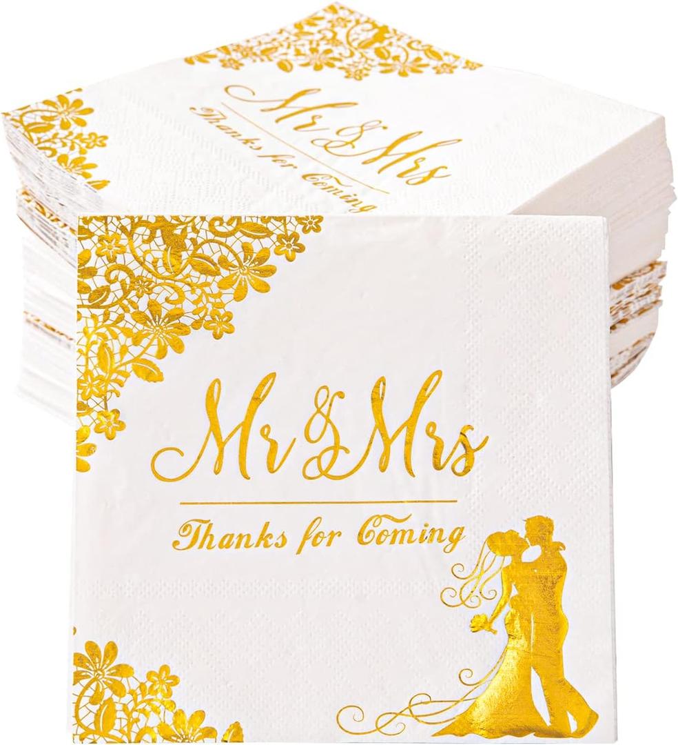 200 Pcs Gold Mr and Mrs Wedding Napkins for Reception, Cocktail, Engagement, Bridal Shower Party Decorations - Disposable