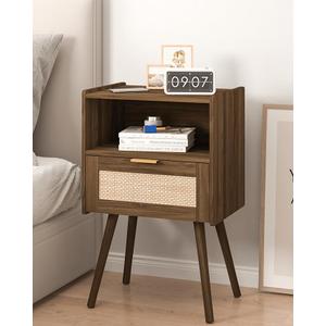 Veegle Nightstand,Modern Bedside Table with Storage Drawer and Open Wood Shelf, Accent Night Stand with Solid Wood Legs for Living Room, Bedroom and Small Spaces,Easy Assembly (Walnut BrownRattan)