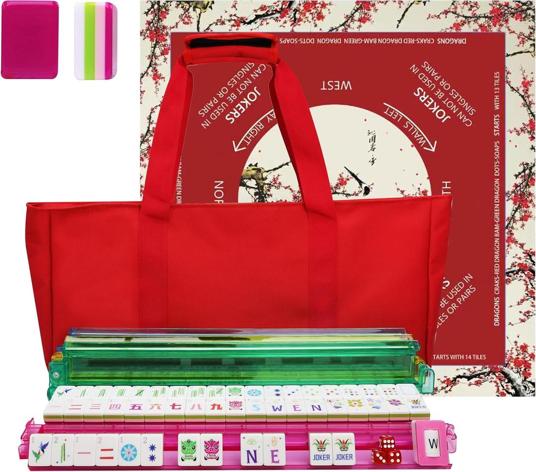American Mahjong Game Set, Portable Carrying Bag,Acrylic 160 Tiles,Western Mahjong Tiles Set,Complete Ma Jong Set (Red)