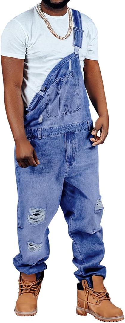 Runcati Men's Denim Bib Overall Ripped Distressed Jean Fashion Casual Adjustable Strap Loose Fit Hippie Jumpsuit (Large, Blue)