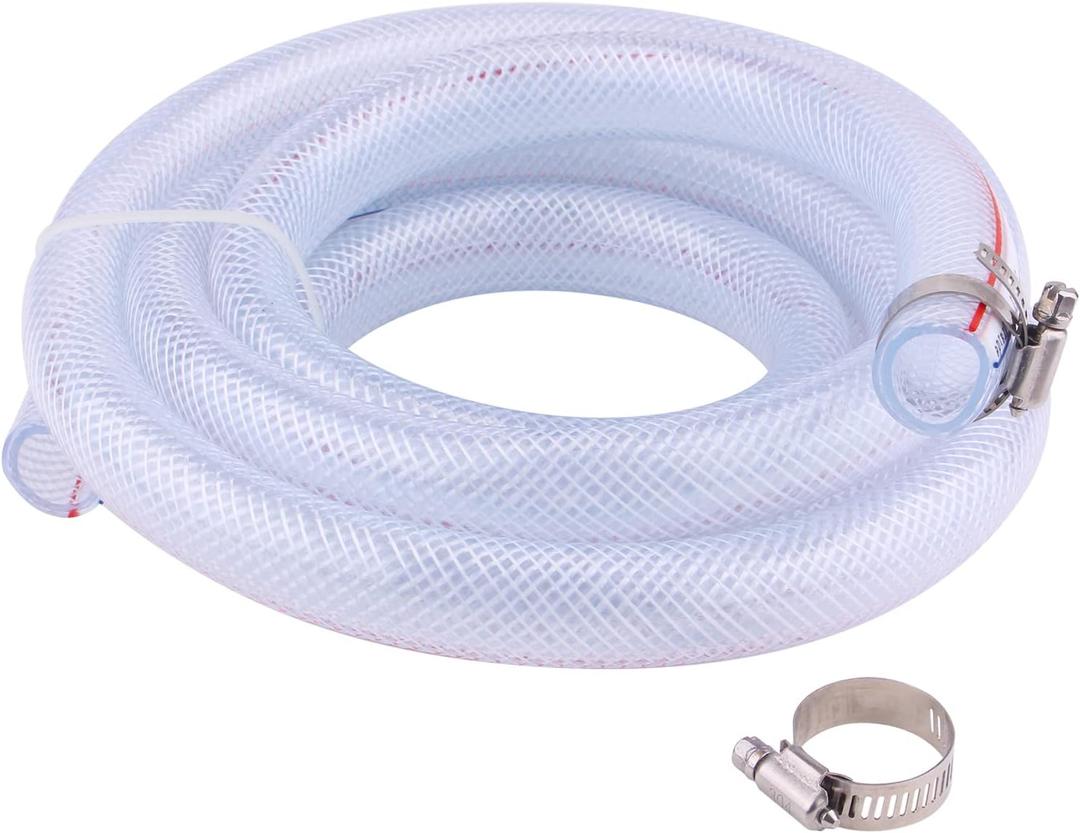 Soft Braided PVC Tubing - 3/4" ID x 1" OD High Pressure Clear Flexible PVC Tube Reinforced Vinyl Hose for Water, Oil with 2pcs Hose Clamps (10Ft)
