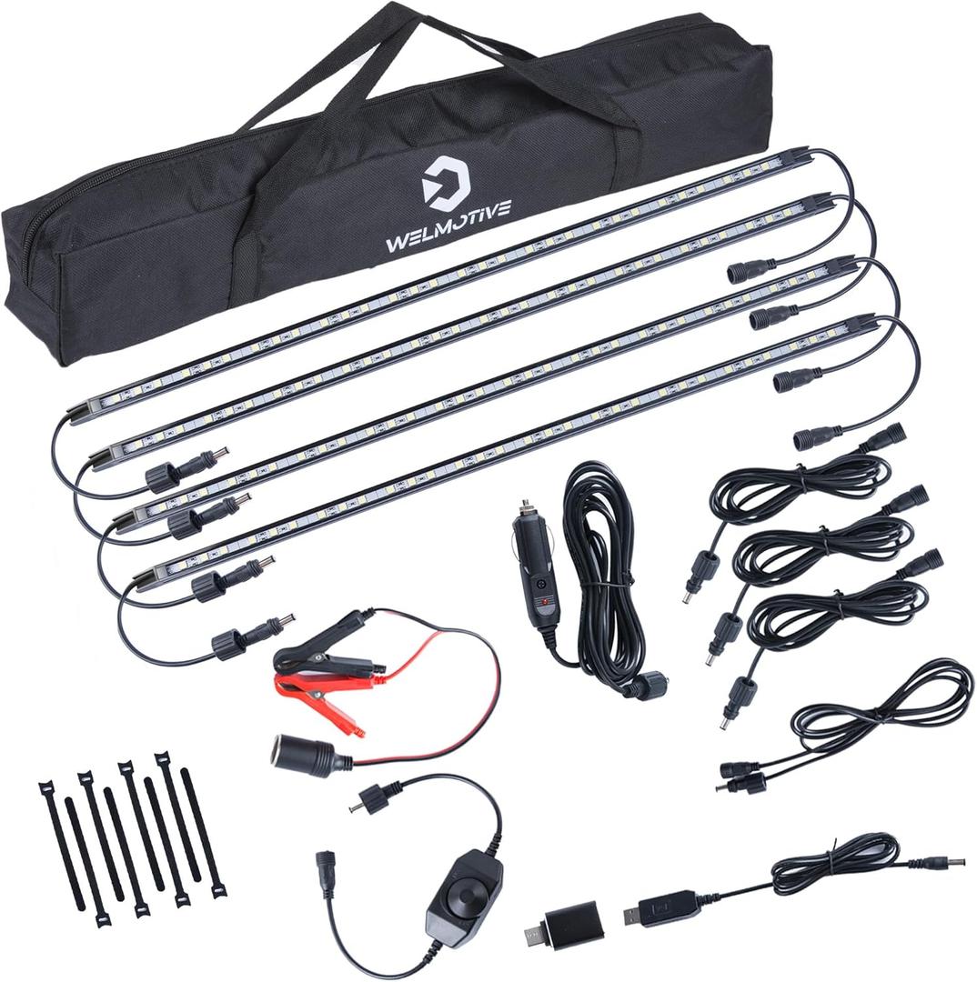 12V LED Interior Light Bar Kit, 4 Bars White Adjustable Brightness RV Camping Lights - Waterproof IP67, Magnetic & Velcro Mount, Portable Lighting for Tent, Car, Trailer, Boat, Truck, Off-Road, Cabin