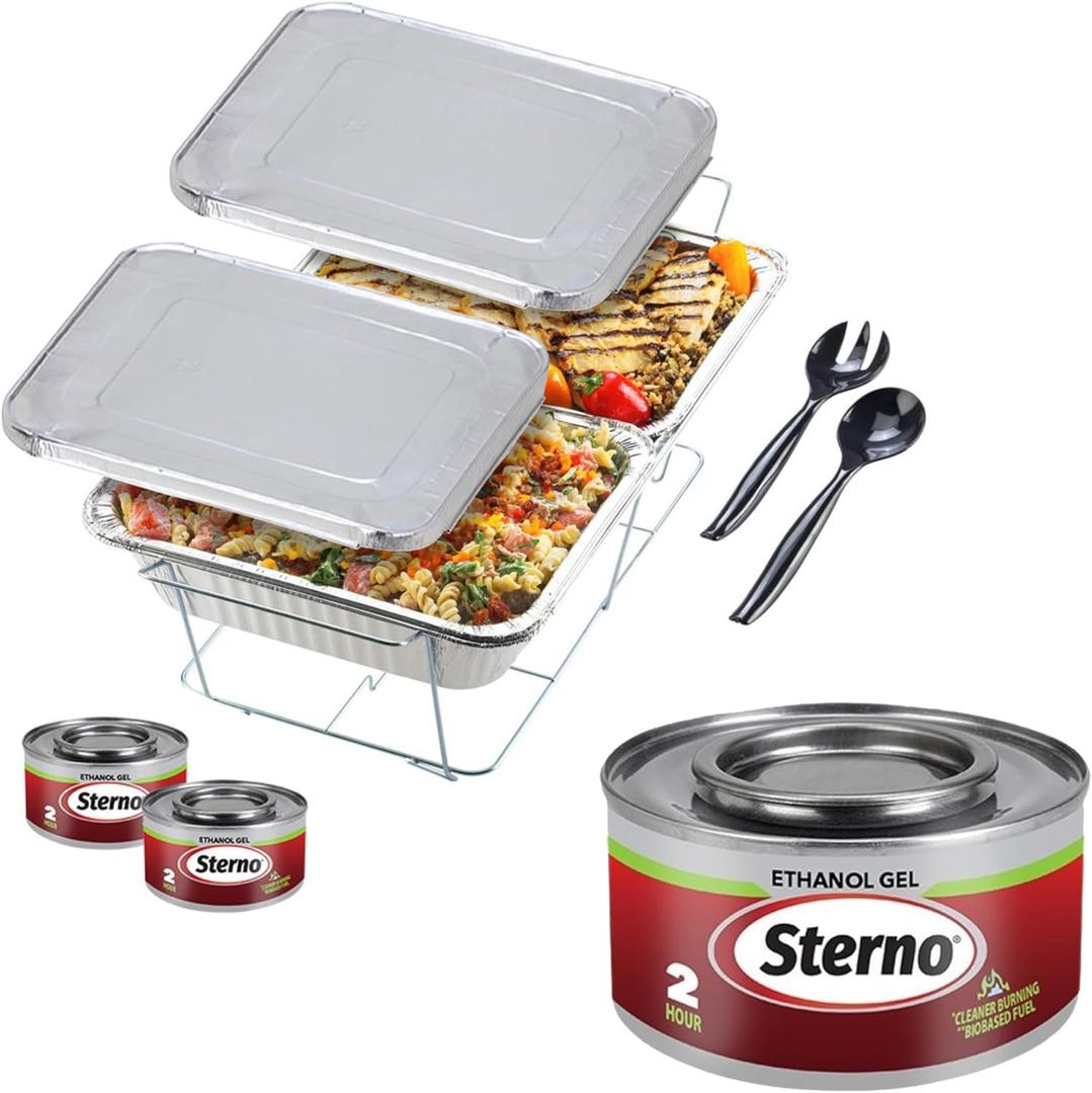 Sterno Chafing Dish Buffet Set with Lids, 2 Ethanol Fuel Cans, 1 Wire Rack with Water Pan & 2 Food Pans, Lids, Serving Utensils Included for Catering & Parties (Silver)