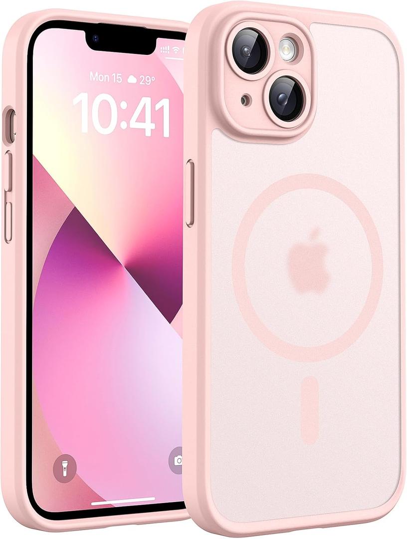 TOCOL Magnetic for iPhone 13 Case, Upgraded Full Camera Protection, Compatible with Magsafe, 15FT Drop Protection, Translucent Matte Back Bumper Phone Cover 6.1-Inch (Pink)