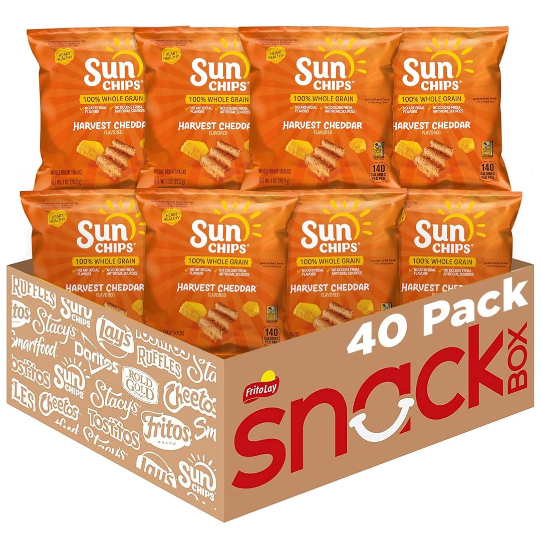 SunChips 100% Whole Grain Chips, Harvest Cheddar, 1 oz Bags, Pack of 40, No Artificial Flavors, Colors
