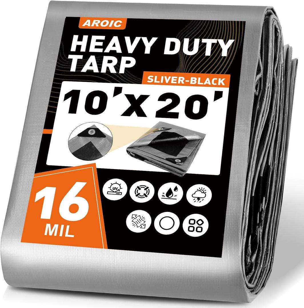 AROIC 10x20FT Heavy Duty Tarps, Waterproof 16 Mil Thick Camping Tarp with 15x17 Weave, Large Waterproof Tarp Tear Resistant UV Resistant Multipurpose Protective Cover for Tent Car Roof Boat