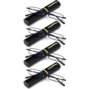 REAVEE 4 Pair Slim Pen Reading Glasses Tube Reader Glasses Men Women Small Readers Spring Hinged Eyeglasses with Portable Clip Case, Black 3.0