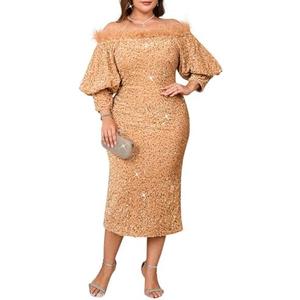 dasmzper Women Sexy Sequin Off The Shoulder Puff 3/4 Sleeve Bodycon Dress Formal Party Cocktail Evening Midi Dress XL