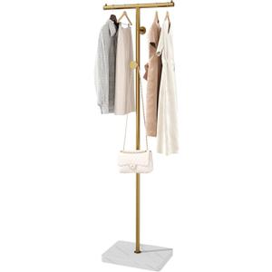 HOMEFORT Coat Rack, Freestanding Metal Coat Racks, T-Shape Clothes Hat Stand with 2 Hooks for Closet, Bedroom, Entryway, Living Room, Gold