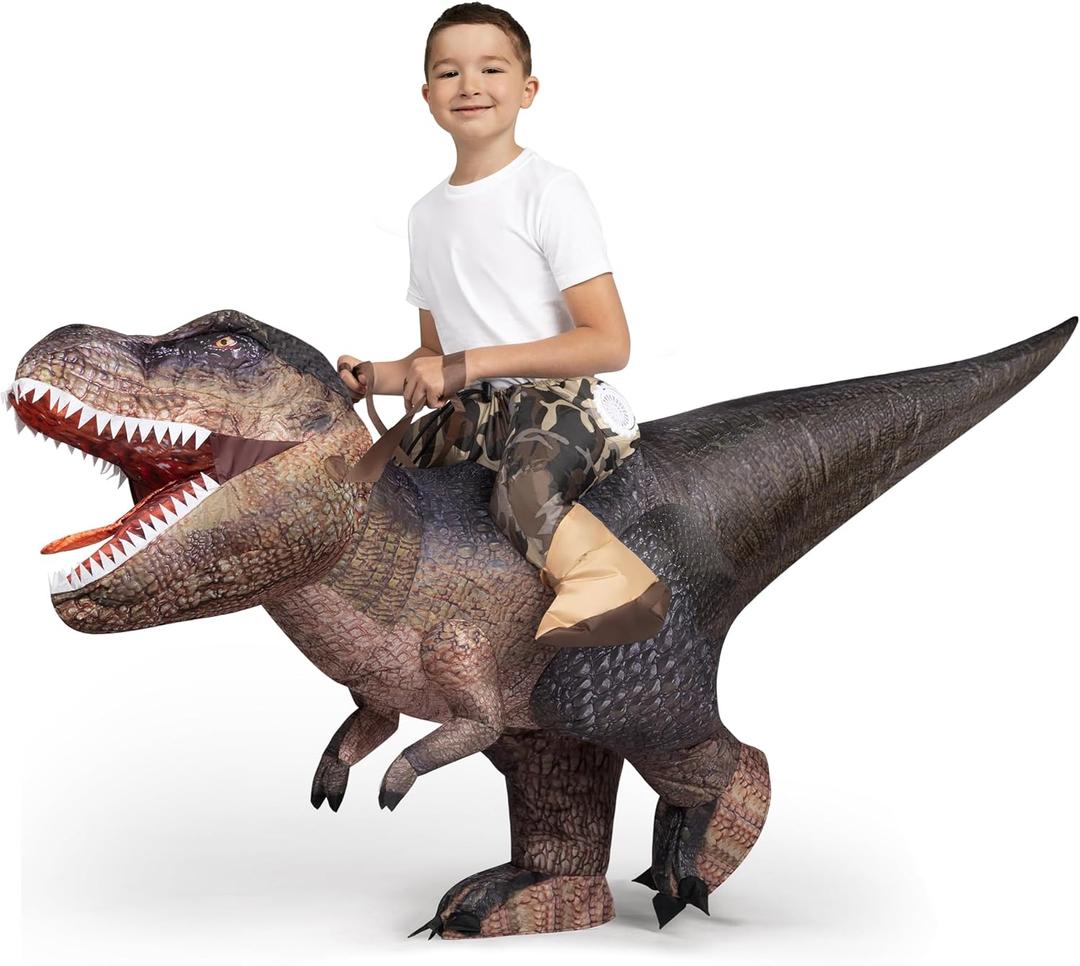 Spooktacular Creations Halloween Inflatable Dinosaur Costume Kids, T-Rex Air Blow Up Costumes, Digital Printing Ride-On Dinosaur for Halloween Parties, (Brown M)