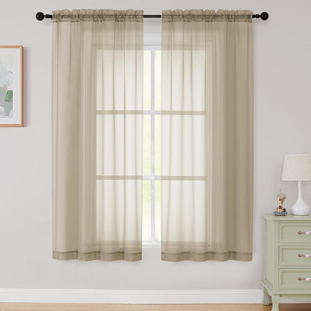 Sheer Taupe Curtains for Bedroom Living Room 63 Inch Length 2 Panels, Airy Soft Light Filtering Sheer Dining Room Curtains, Modern Rod Pocket Drapes, Taupe, Each 42" Wx63 L Inches