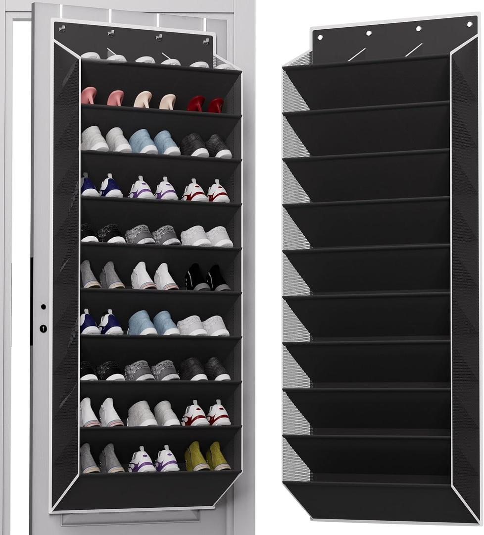 TAHAVICE 10-Tier Large Size Over The Door Shoe Organizer, Holds 30 Pairs Hanging Shoe Rack with Deep Pockets for Closet, Space-Saving Storage for Sneakers, Boots (Black)