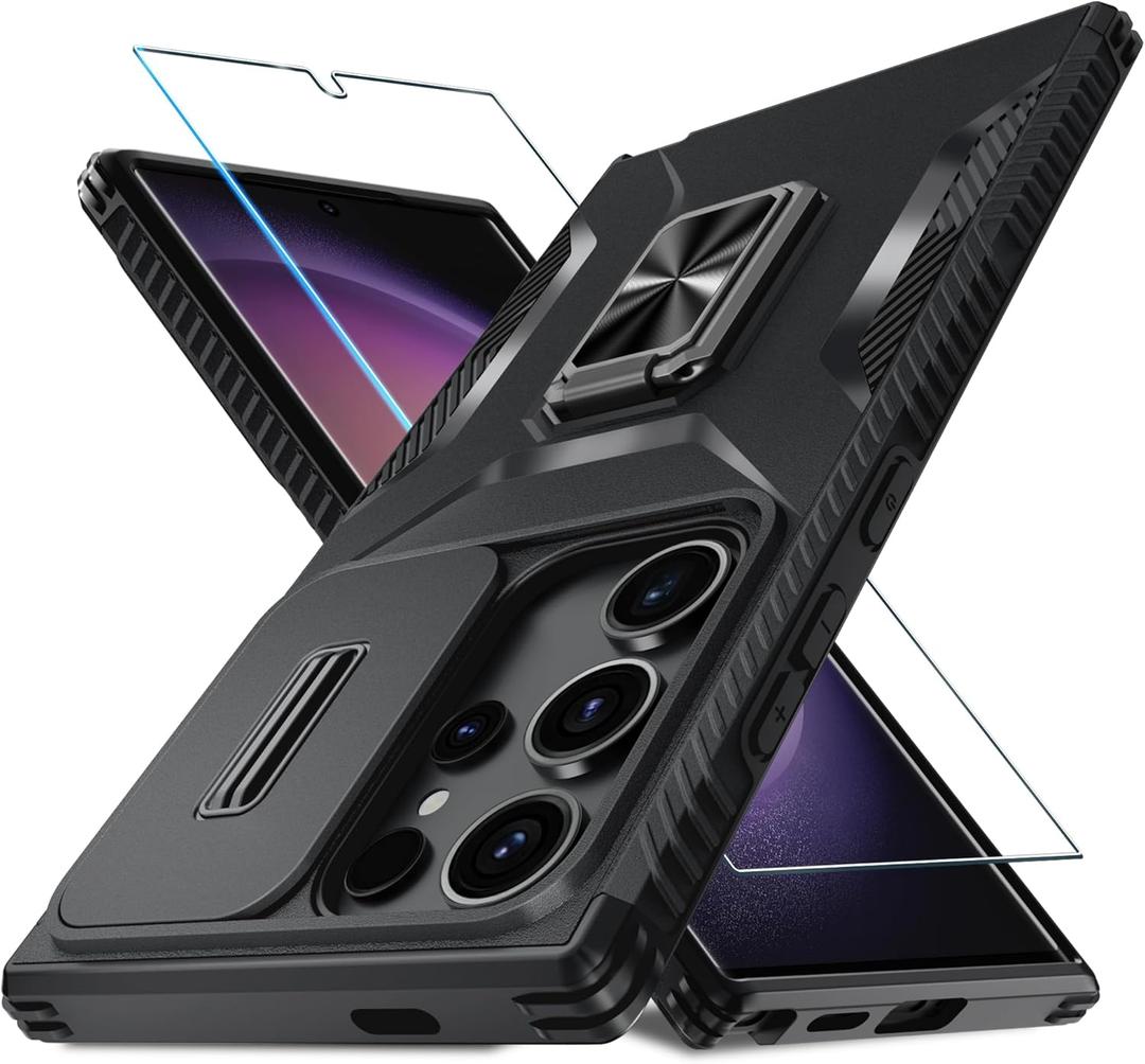 for Samsung Galaxy S25 Ultra Case with Tempered Glass Screen Protector and Camera Lens Cover,Rotated Ring Stable Kickstand,Heavy Duty Shockproof Protective Phone Cover-Black