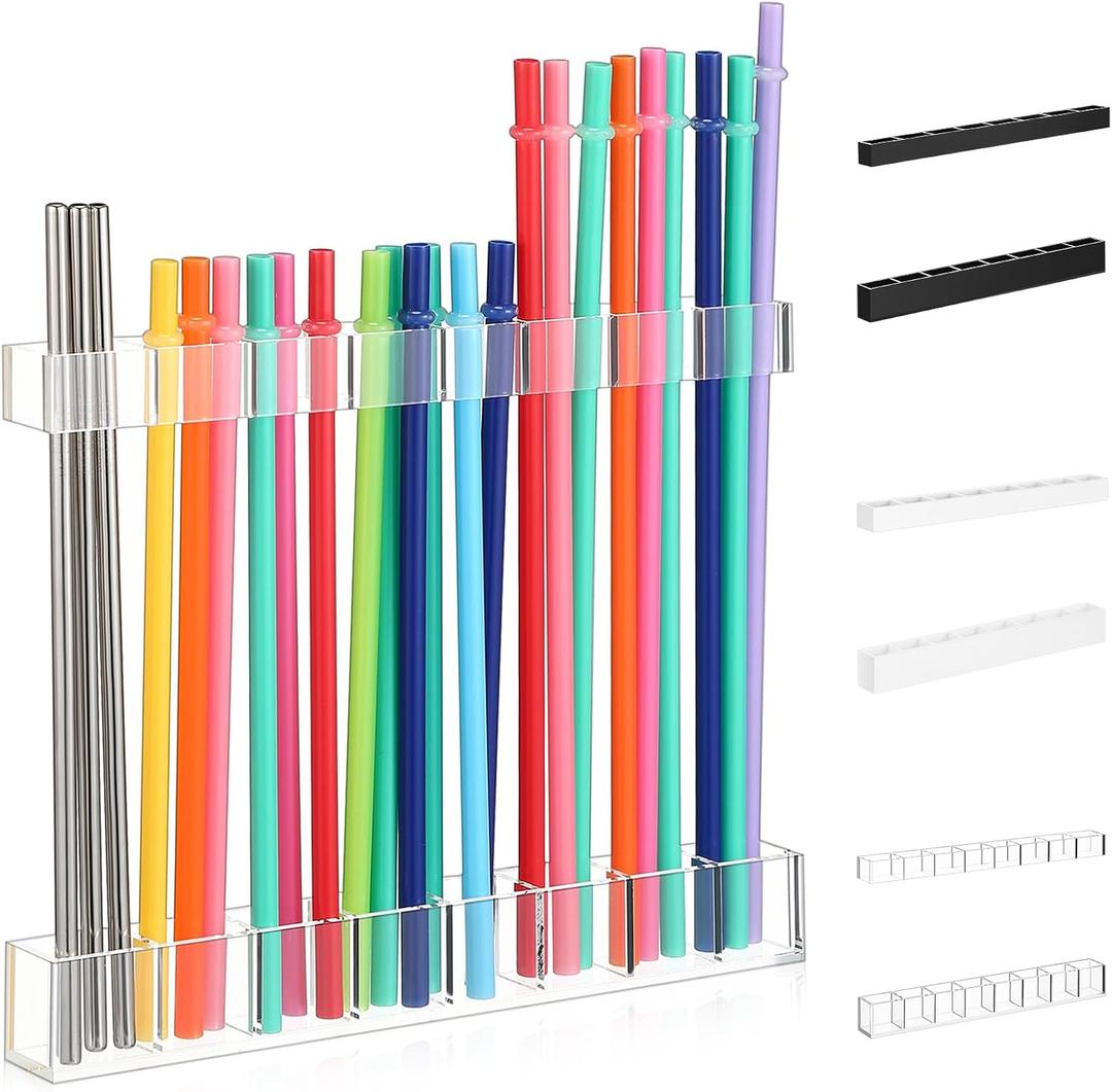 9.5 Large Acrylic Straw Holder for Cabinet Door Straw Organizer Dispenser with Double-Sided Tape Tumbler Storage Kitchen Accessories Container for Counter Cupboard(Transparent)