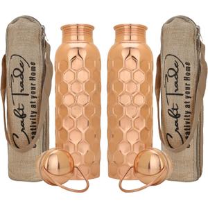 Craft Trade Pack of 2 Hammered Pure Copper Bottle with Lid and Carry Bag for Drinking Water BPA Free Leak Proof Supports Digestive & Liver Health, Ayurveda Inspired 34oz - 1 Litre Natural