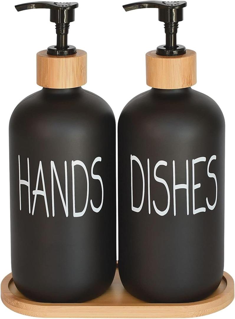 Glass Soap Dispenser Set. Hand and Dish with Bamboo Tray. Vintage Pump for Kitchen Sink Bathroom. Stylish Permanent Labels (Matte Black)