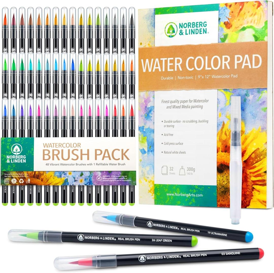 Norberg & Linden Real Waterbrush Set - 48 Watercolor Paint Markers, 1 Refillable Water Brush, Painting Pad - Nylon Tips for Drawing & Calligraphy - Coloring Pens for Professional & Beginner Artists
