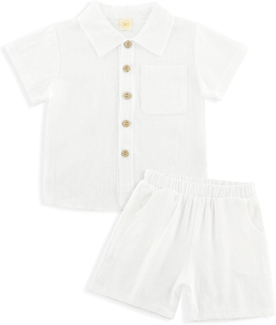 POBIDOBY Linen Baby Clothes for Summer Vacation & Beach Hiking, Linen Short with Cotton Linen Top for Girls & Boys (WHITE, 5-6Y)