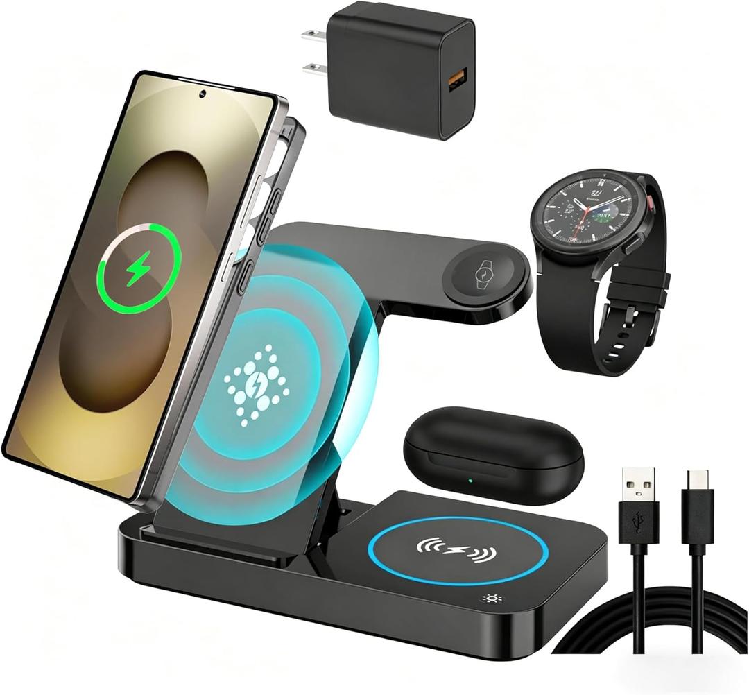 3 in 1 Charging Station for Samsung Android: Wireless Phone and Watch Charger for Galaxy S26 Ultra/S25 Ultra/S24/S23/Z Fold, Wireless Charger Stand for Galaxy Watch 9/8/7/6/5 Earbuds 4/3/Pro (Black)