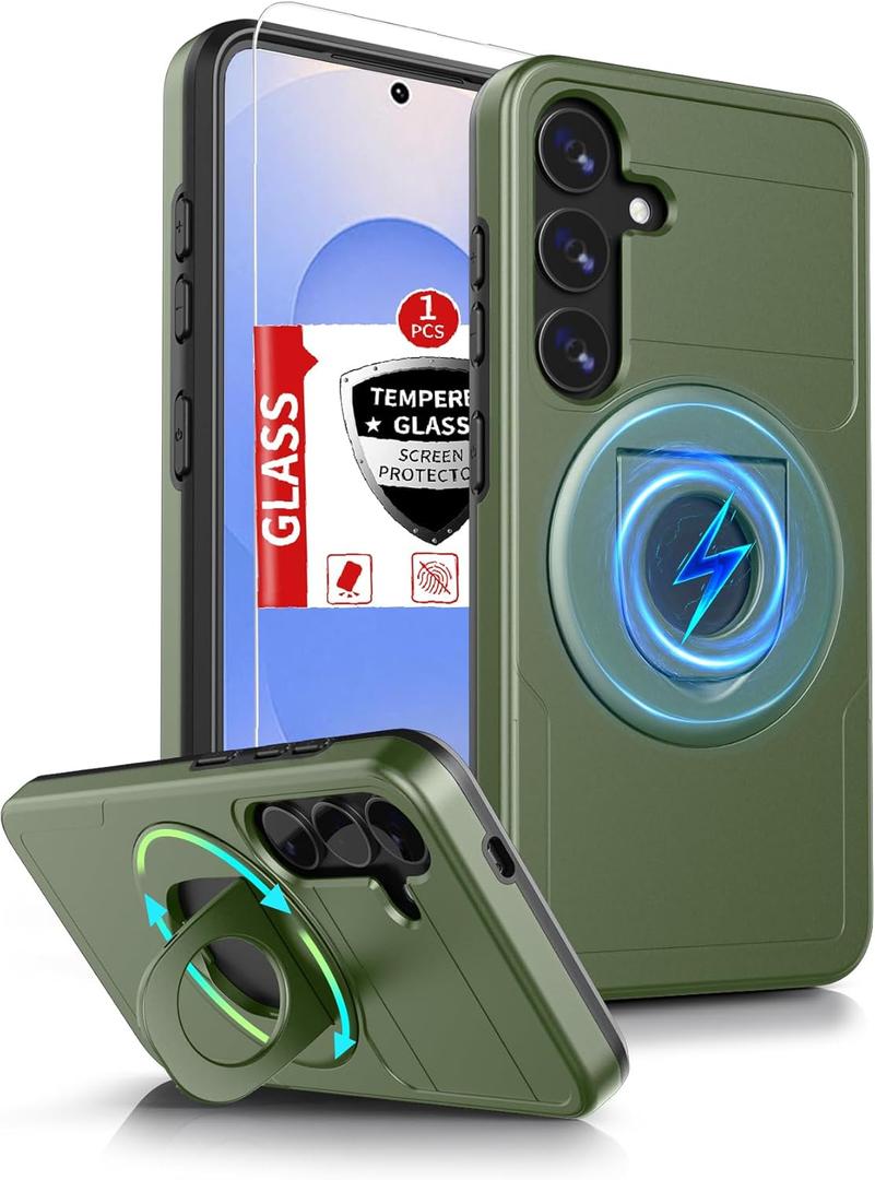for Samsung Galaxy S25 Case Compatible with MagSafe Magnetic,with 1 Screen Protector,Built-in Ring Kickstand Military Grade Drop Heavy Duty Protection Scratch Resistant Shockproof Phone Green