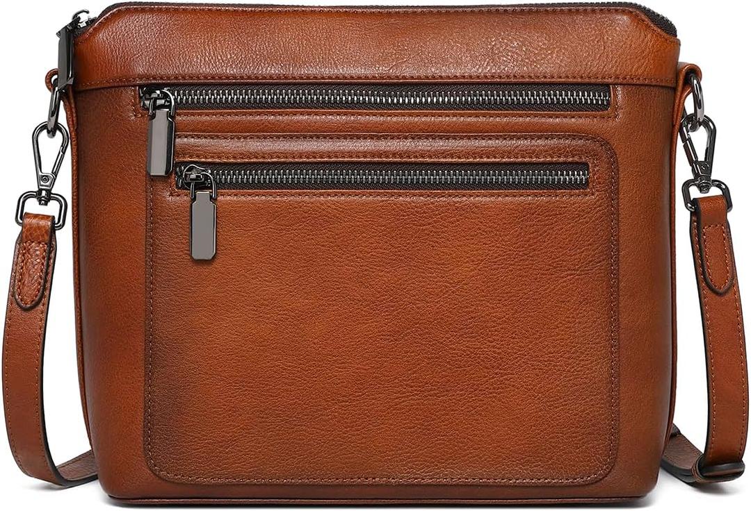 COOLCY Genuine Leather Crossbody Bags for Women Purses and Handbags for Ladies with Multiple Pockets Shoulder Satchel Bag (Brown)