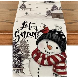 Artoid Mode Xmas Trees Let It Snow Black Snowman Christmas Table Runner, Seasonal Winter Holiday Kitchen Dining Table Decoration for Home Party Decor 13x36 Inch