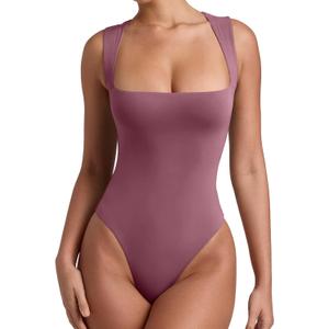 REORIA Butsmooth Womens Sexy Sleeveless Square Neck Double Lined Basic Bodysuit Tank Tops (Large, Masala)