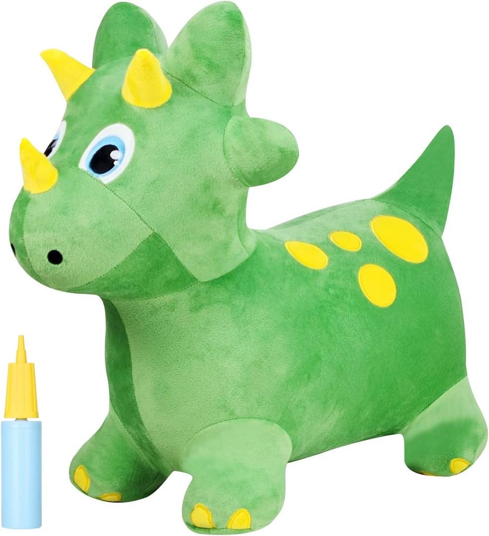 INPANY Bouncy Horse, Dinosaur Hopper Toys, Toddler Plush Bouncing Animal, Dinosaur Birthday Party Decorations, Inflatable Ride on Rubber Triceratops Bouncer, Outdoor for 2 3 4 Yr Boy Girl