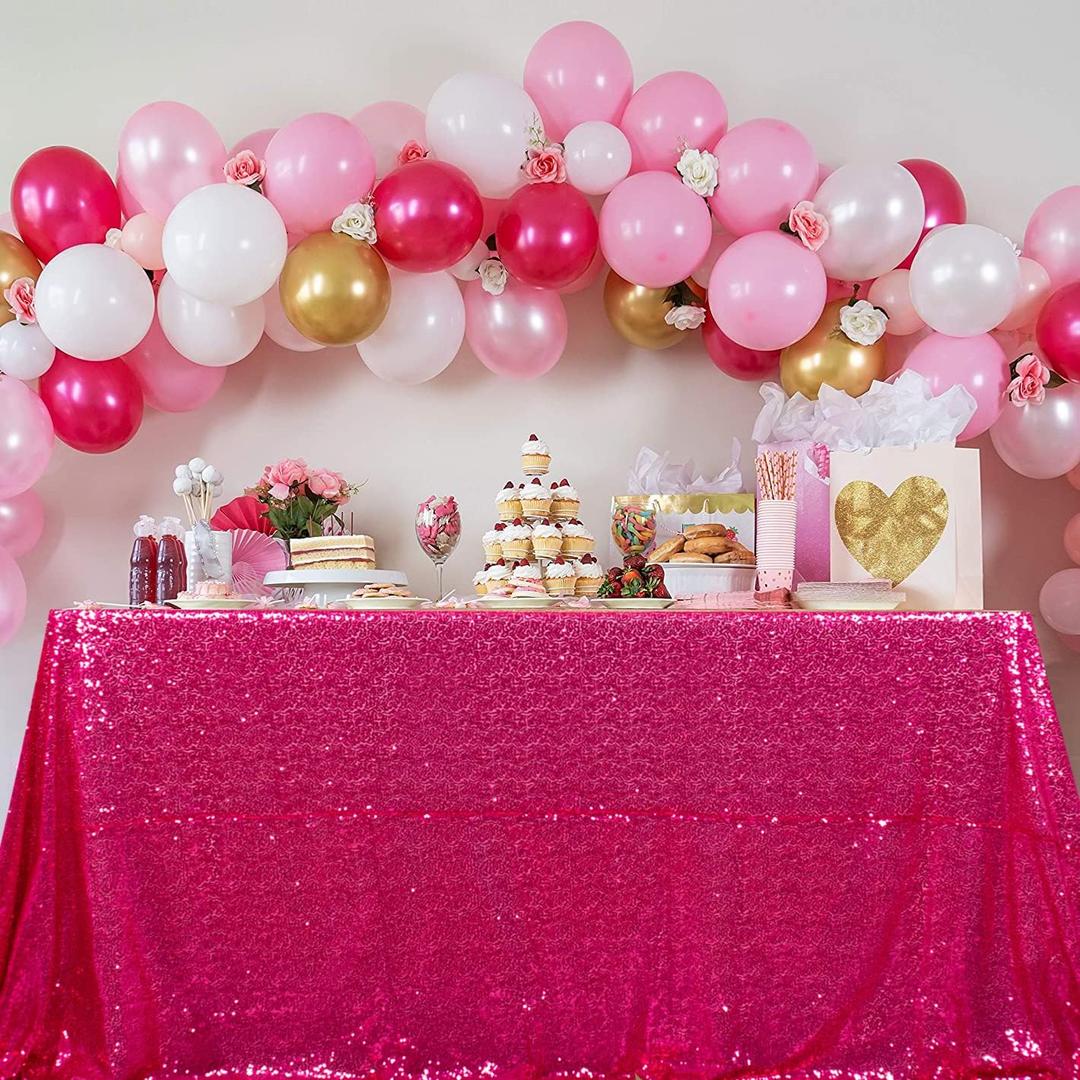 ShinyBeauty 90x132 Inch Hot Pink Sequin Rectangular Tablecloth - Sparkly Dessert Table Cover for Birthday Party, New Year, Holiday - Glitter Drapes Overlay in Fuchsia
