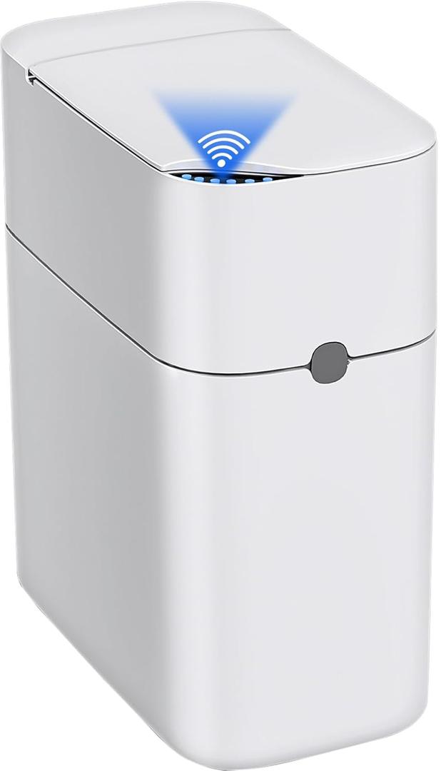CTIME Touchless Automatic Bathroom Trash Can with Lid - 3 Gallon Slim Motion Sensor Garbage Can for Bedroom, Kitchen, Office - White (6" W x 11" L x 13" H)