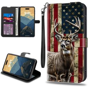 RYUITHDJP for Samsung Galaxy A16 5G Wallet Phone Case with Card Holder,RFID Blocking PU Leather Case for Women,Shockproof Flip Cover for Samsung Galaxy A16 5G,Camo Deer Flag