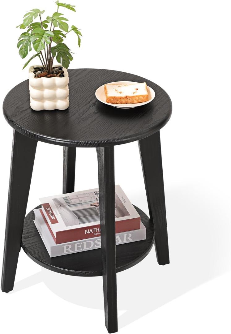 Side End Table Round Black Beside Table Sofa Table Nightstand Modern End Table 2-Tier Small Accent Tables Great for Small Spaces Living Room Bedroom, 16 inches x 16 inches x 20.5 inches
