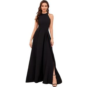Women's Formal Dress Halter Neck Sexy Split Cocktail Party Maxi Long Wedding Guest Evening Gowns (Black)XL