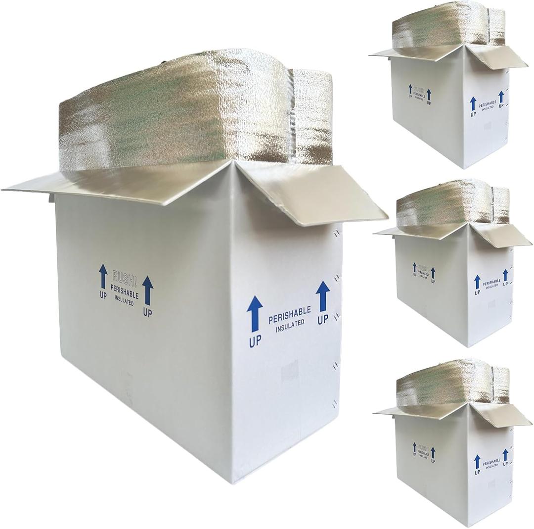 26x11x19" Insulated Shipping Box for Frozen Food, 4 Pack Cold Shipping Boxes Reusable Perishable Shipper Cooler Box for Mailing Double, Insulated Carton with Aluminum Foil Insulated Bag Liner